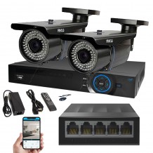 Kit IP 2 Camere Color Varifocale 2.8-12mm supraveghere video AKU SUPER CLEAR HD 2 MP + NVR 4 canale FULL HD 1080P 3-5MP + SWITCH, 50m infrarosu, cu vizualizare pe telefon mobil tableta desktop AK9922