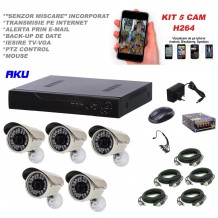  Kit supraveghere video AKU 5 camere 1200TVL 1280x960 pixeli + DVR 8 canale FULL HD 1080N H264, interior exterior carcase metalice GIGANT, iesire internet cu vizualizare pe telefon mobil tableta desktop