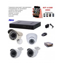 Kit supraveghere video AKU 4 camere SUPER CLEAR AHD + DVR 4 canale FULL HD 1080N H264, interior exterior carcase metalice cu infrarosu, iesire internet cu vizualizare pe telefon mobil tableta desktop